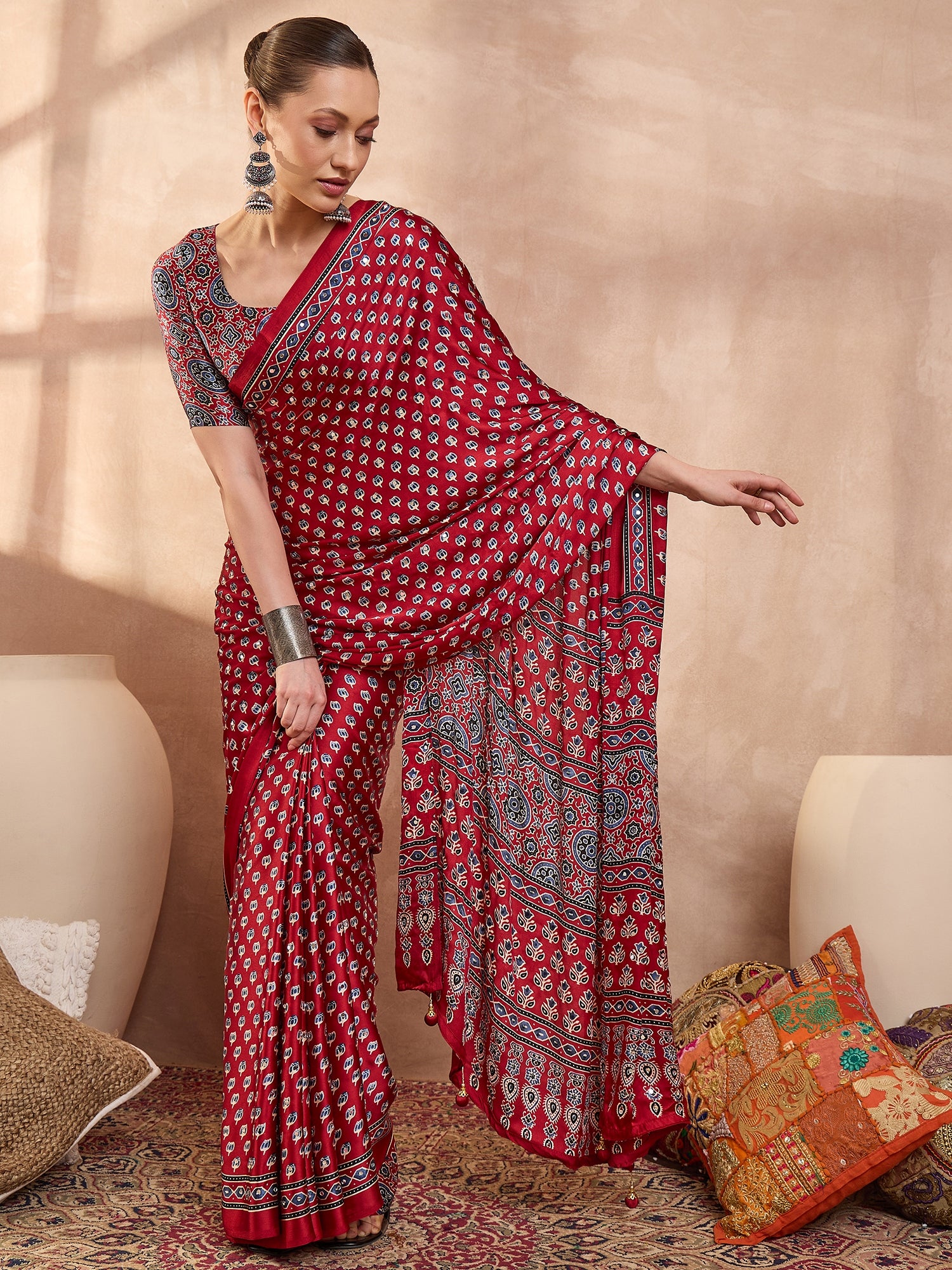 Peachmode Red Semi Modal Saree with Mirror Work - Image 5
