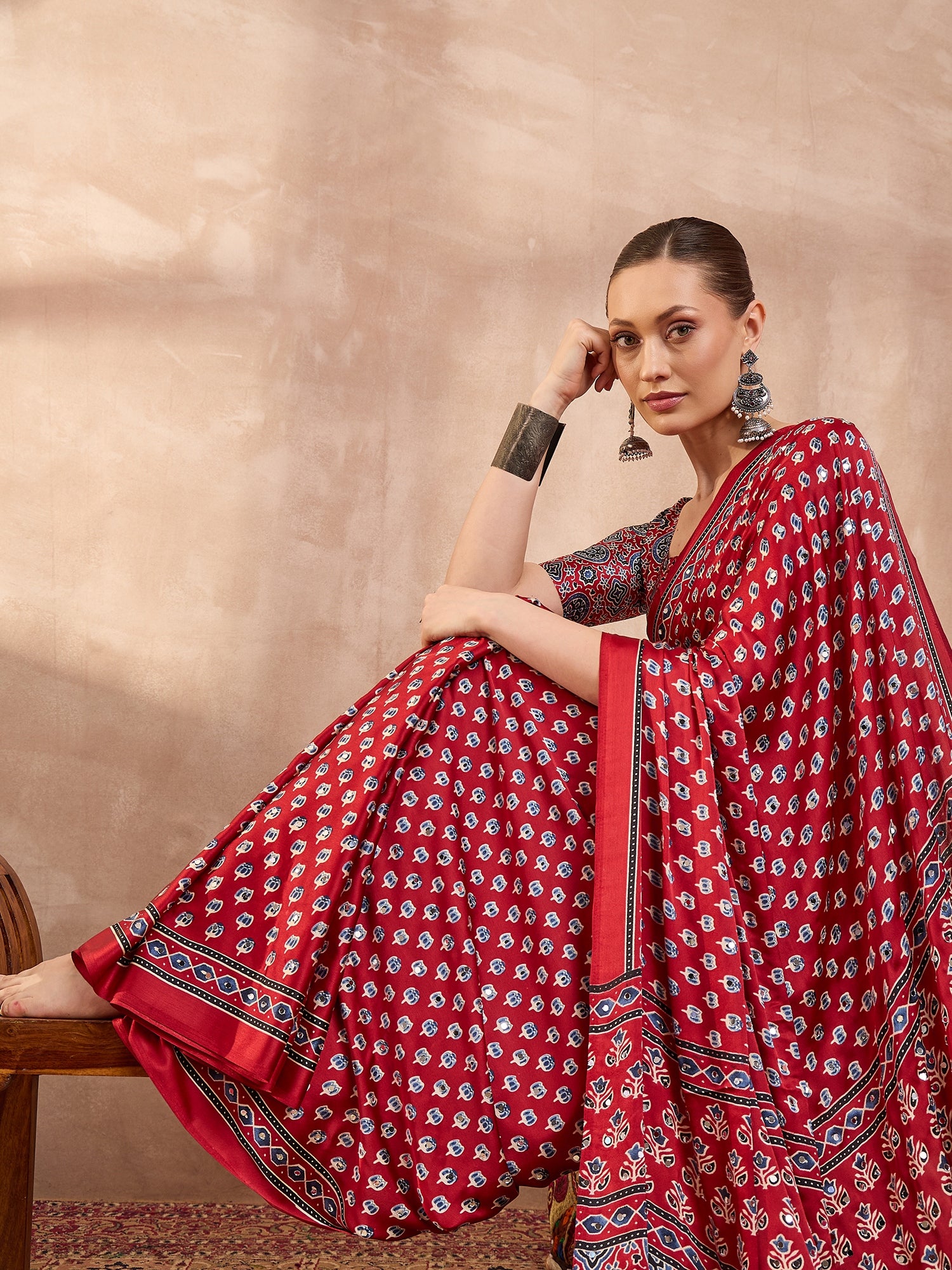Peachmode Red Semi Modal Saree with Mirror Work - Image 6