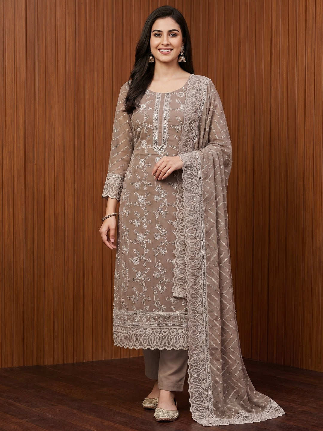 Coffee Brown Embroidered Georgette Dress Material - Image 1