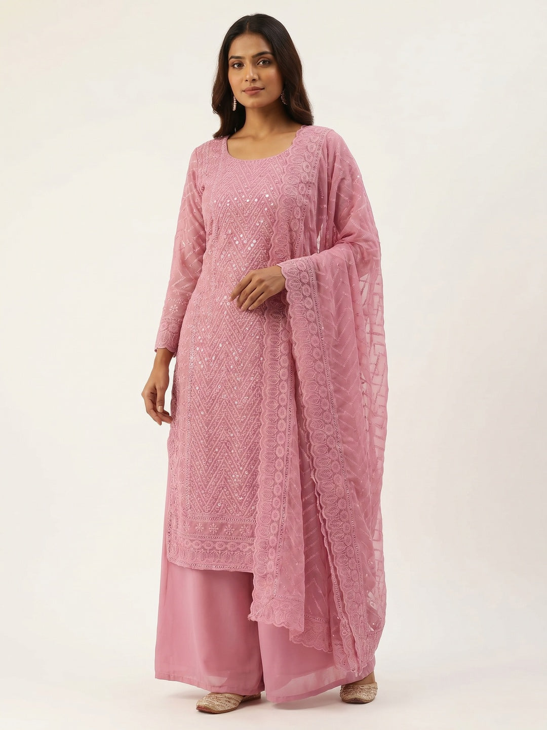 Pink Embroidered Georgette Dress Material - Image 1