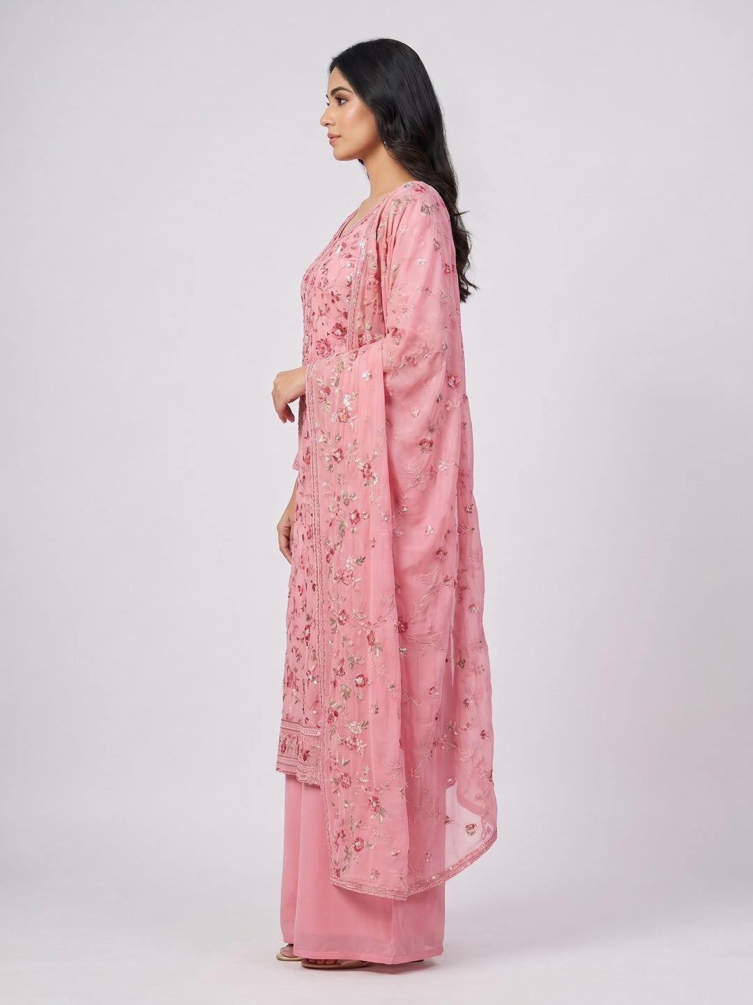 Pink Embroidered Georgette Dress Material - Image 2