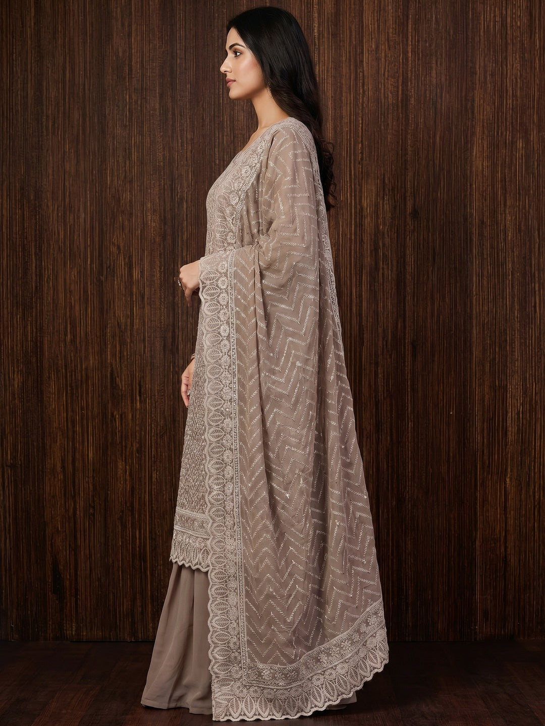 Coffee Brown Embroidered Georgette Dress Material - Image 2