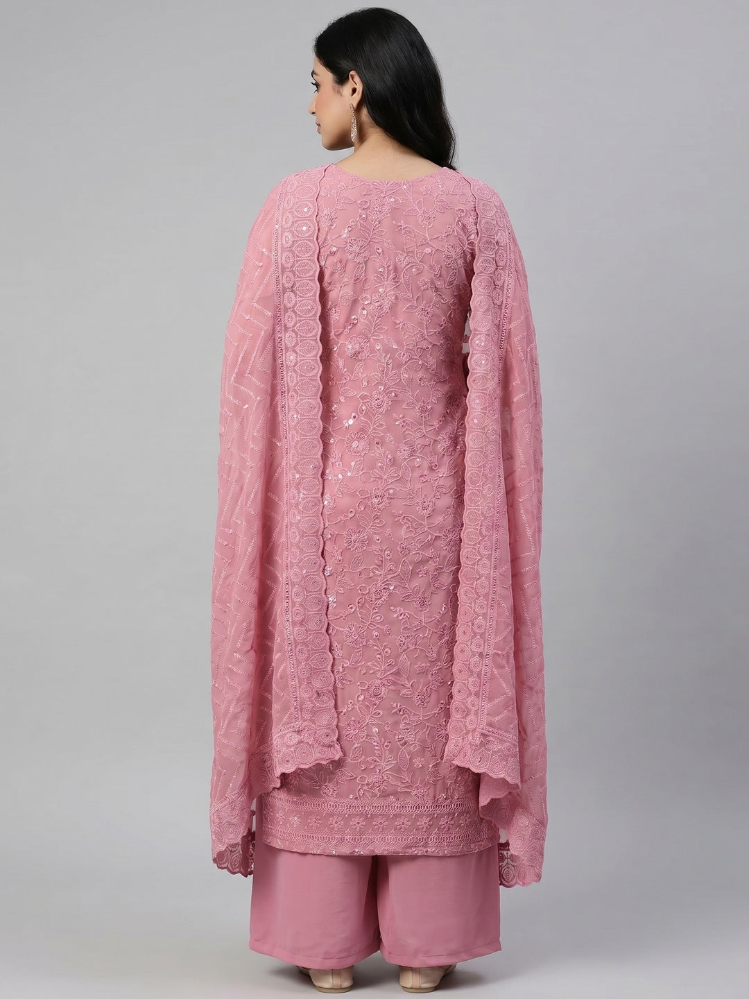 Pink Embroidered Georgette Dress Material - Image 3