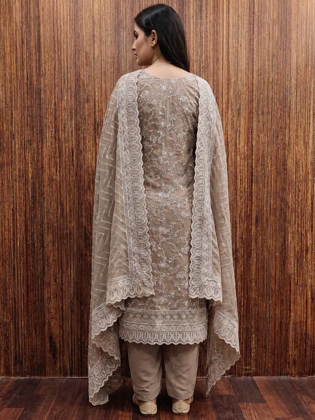 Coffee Brown Embroidered Georgette Dress Material - Image 3