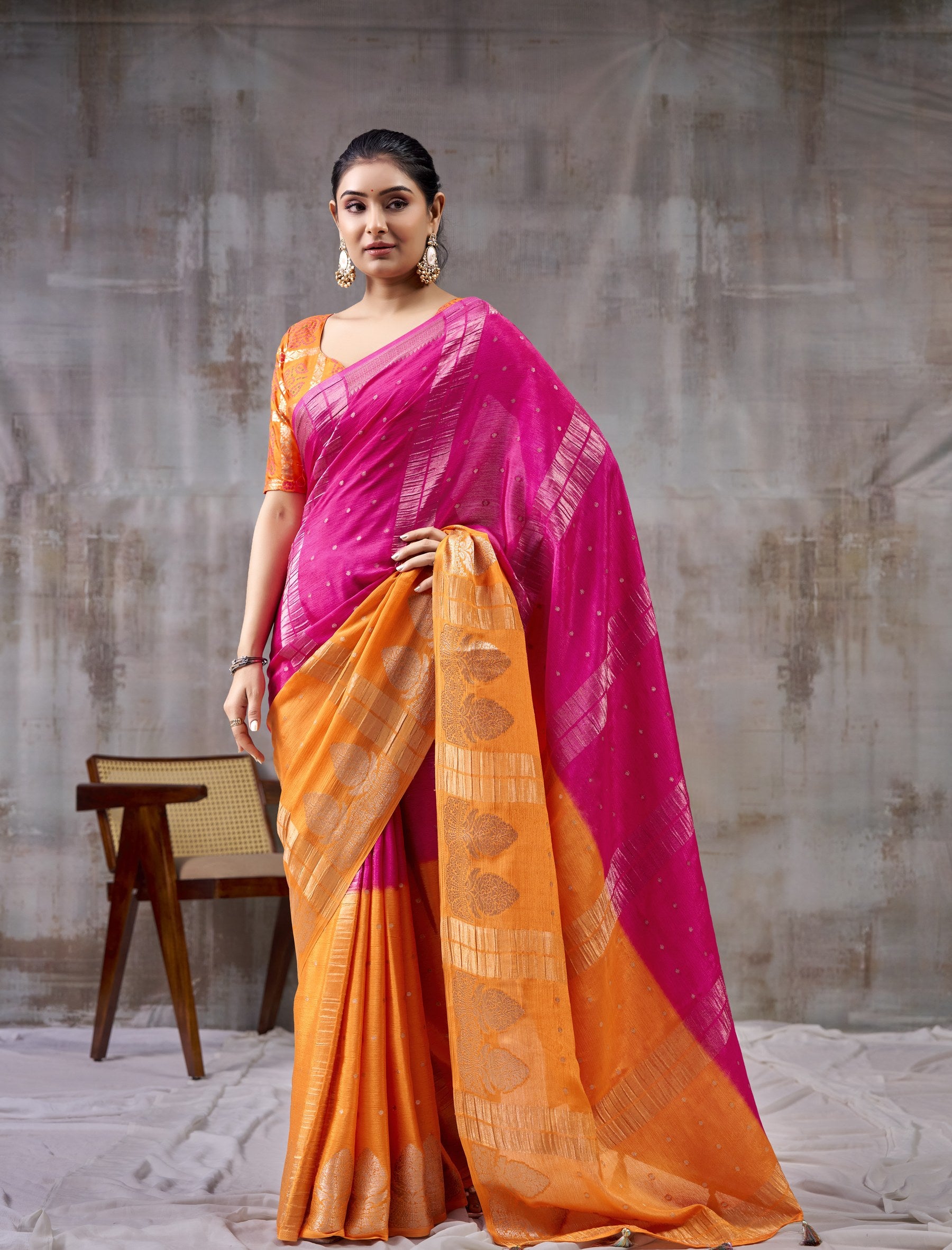 Peachmode Orange Chinnon Jacquard Saree - Image 1