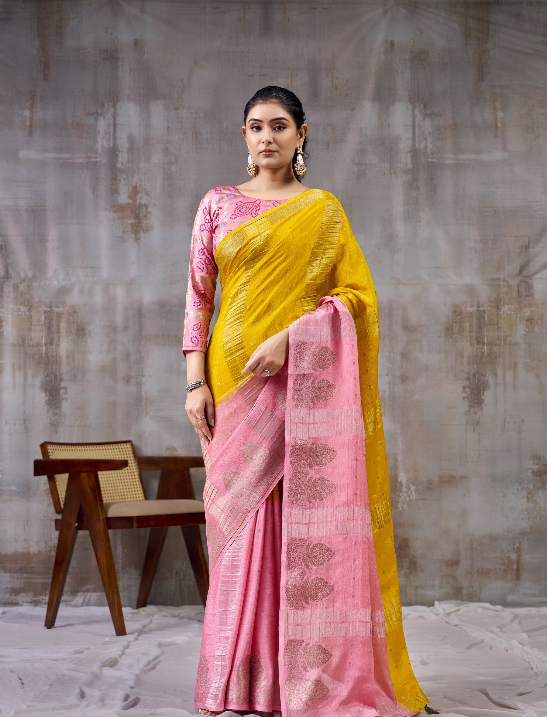 Peachmode Yellow Chinnon Jacquard Saree - Image 1