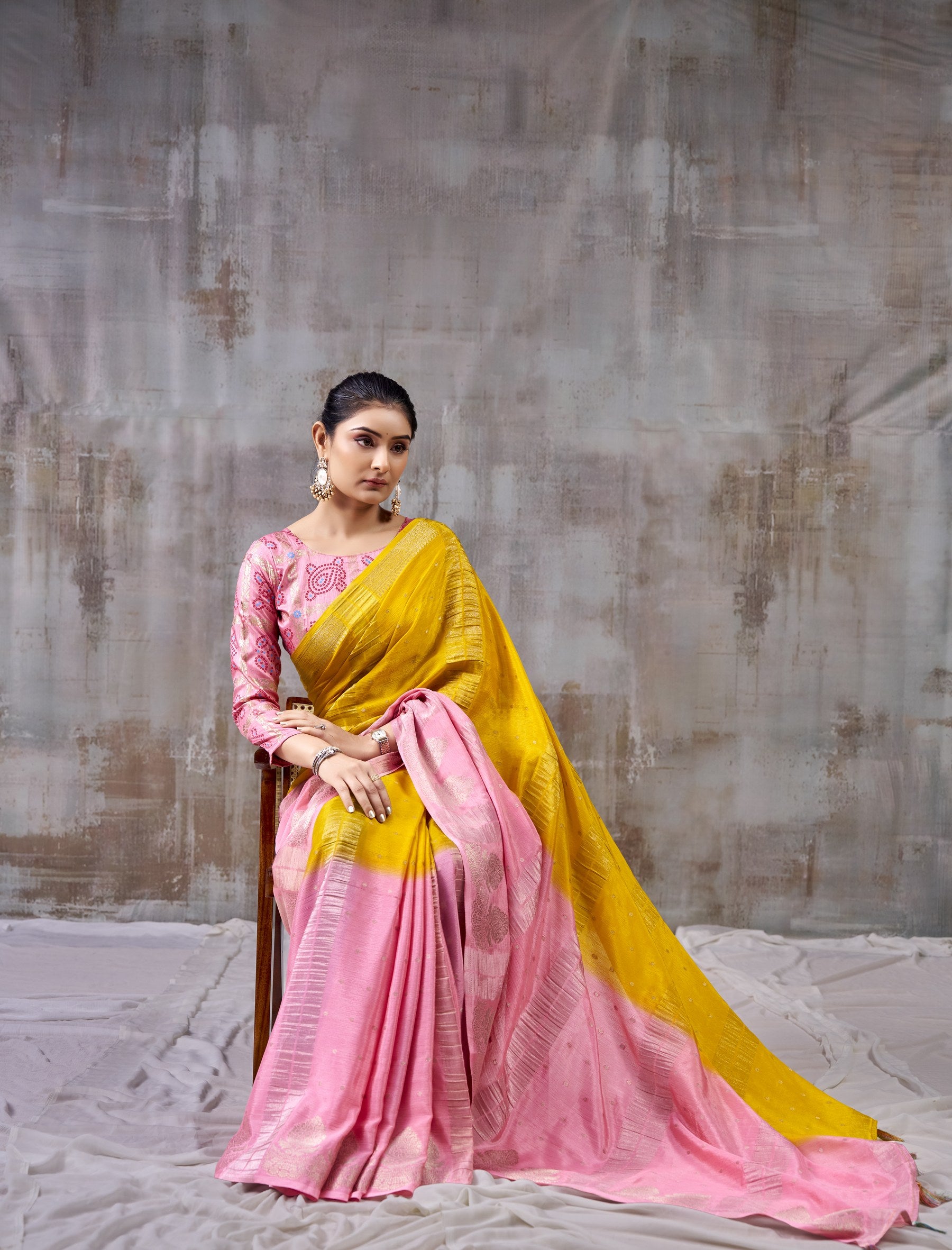 Peachmode Yellow Chinnon Jacquard Saree - Image 3