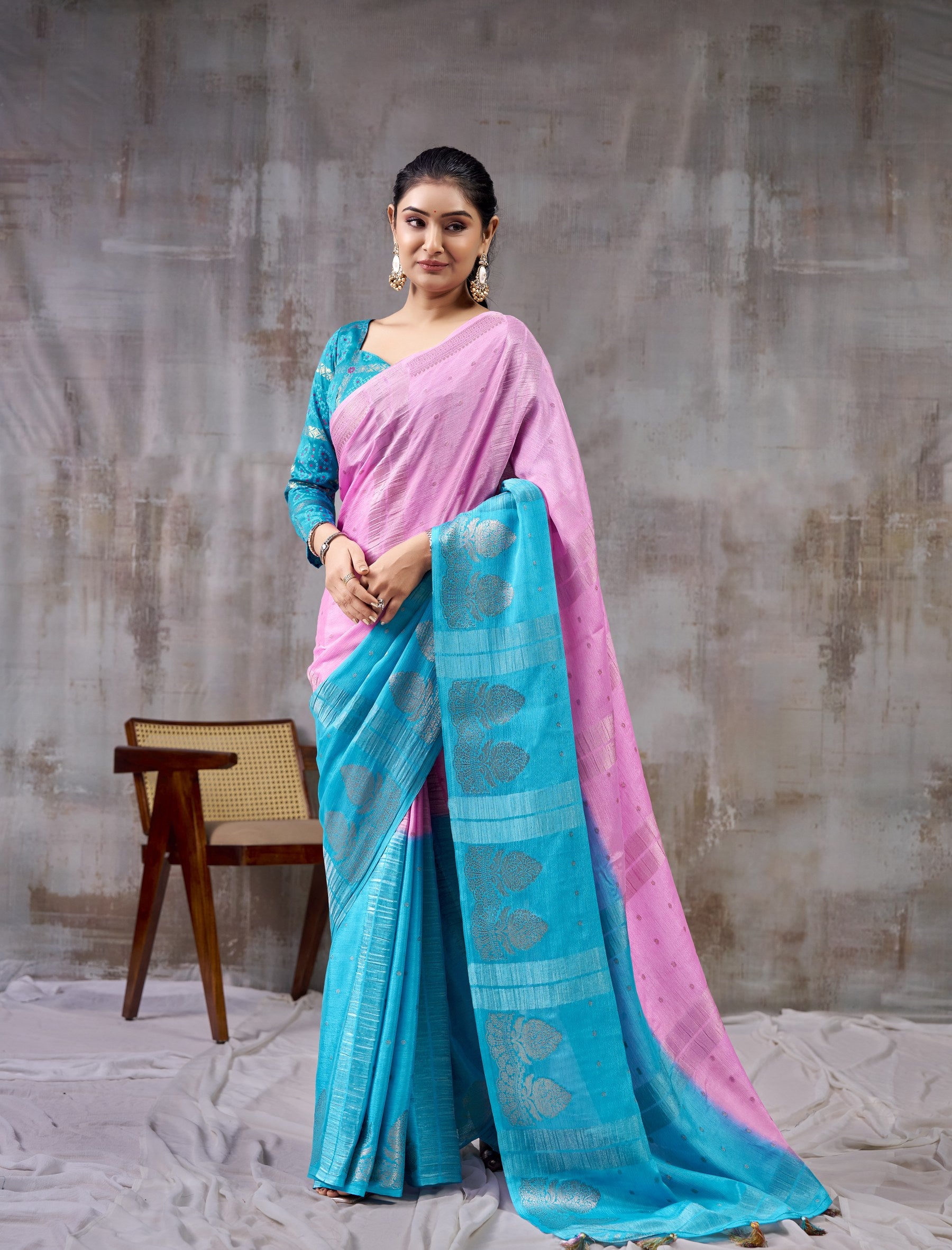 Peachmode Teal Chinnon Jacquard Saree - Image 1