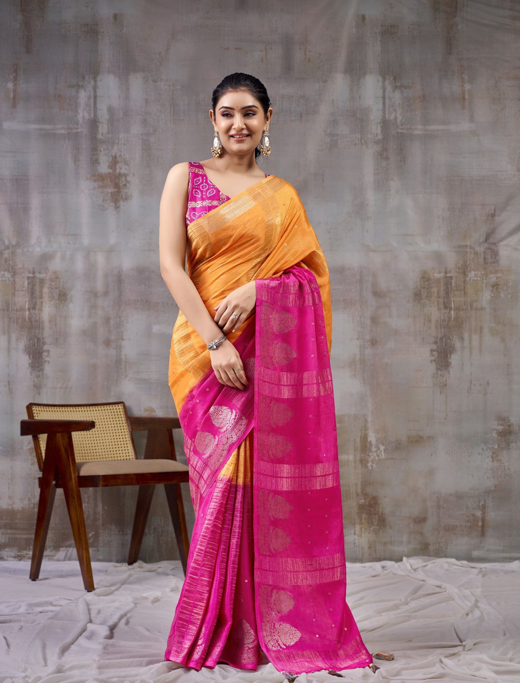 Peachmode Orange Chinnon Jacquard Saree - Image 1