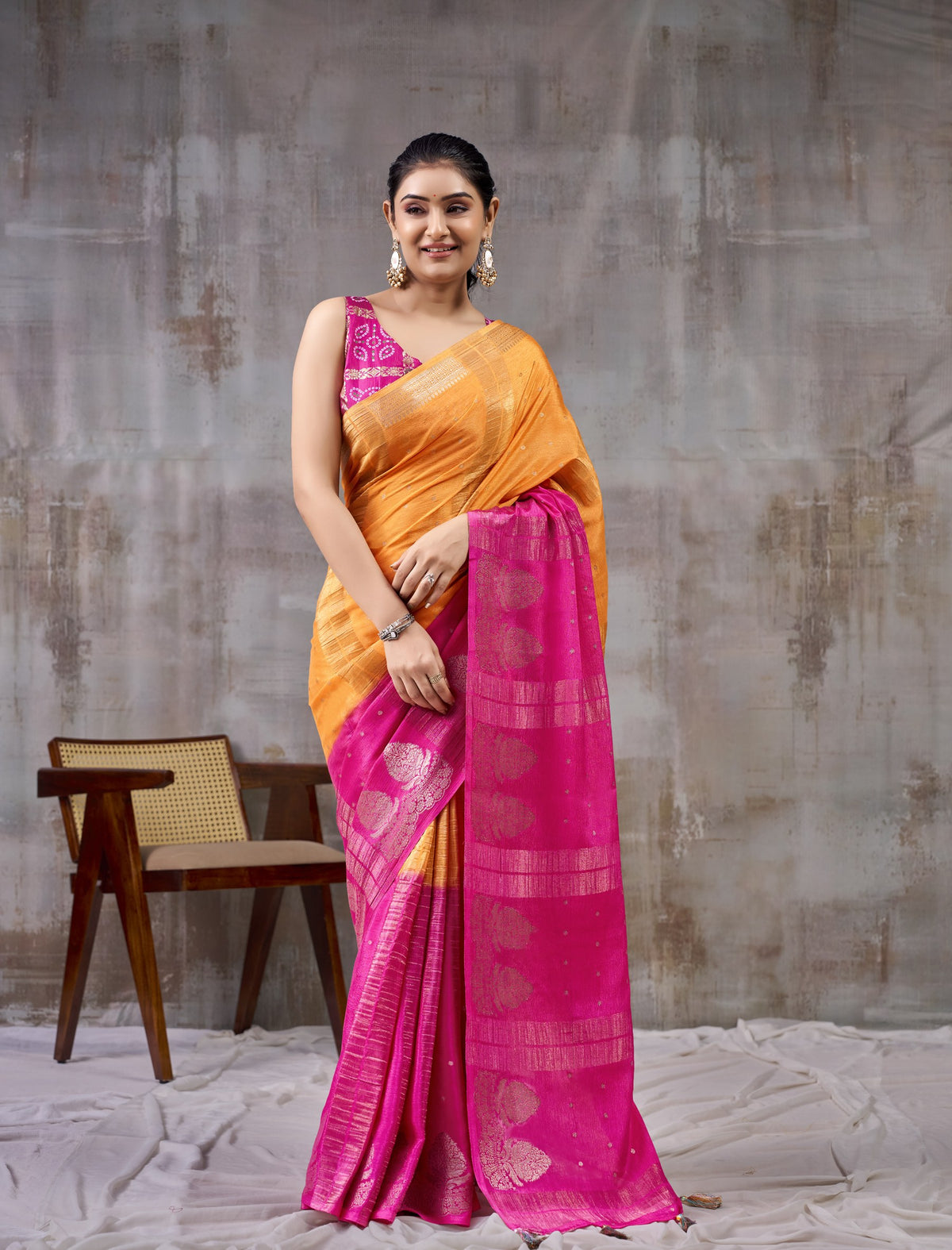 Peachmode Orange Chinnon Jacquard Saree - Image 1