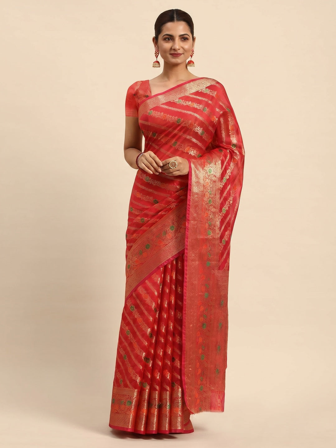 Pink Floral Woven Organza Silk Saree - Image 1