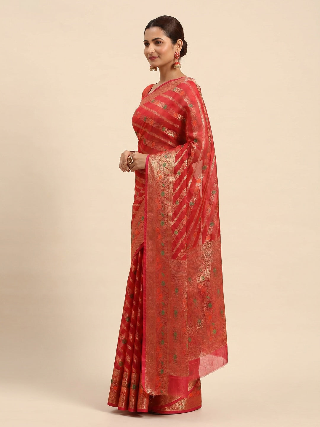 Pink Floral Woven Organza Silk Saree - Image 3