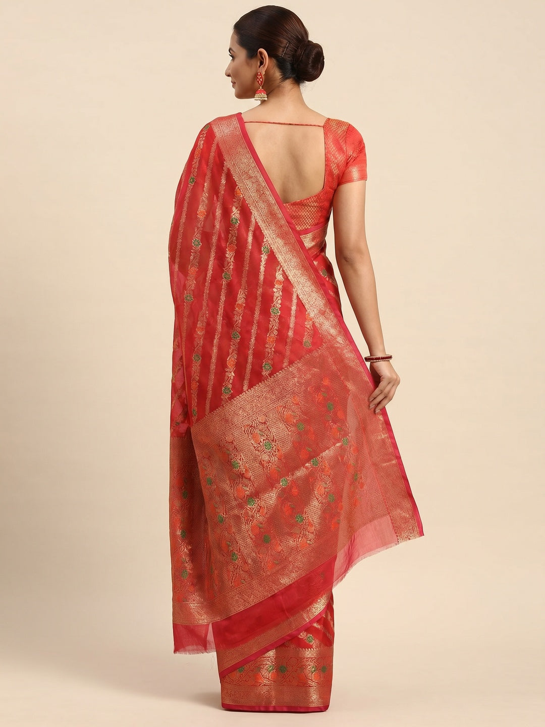 Pink Floral Woven Organza Silk Saree - Image 2