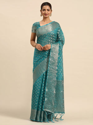 Turquoise Woven Organza Silk Saree With Tassels - Image 1