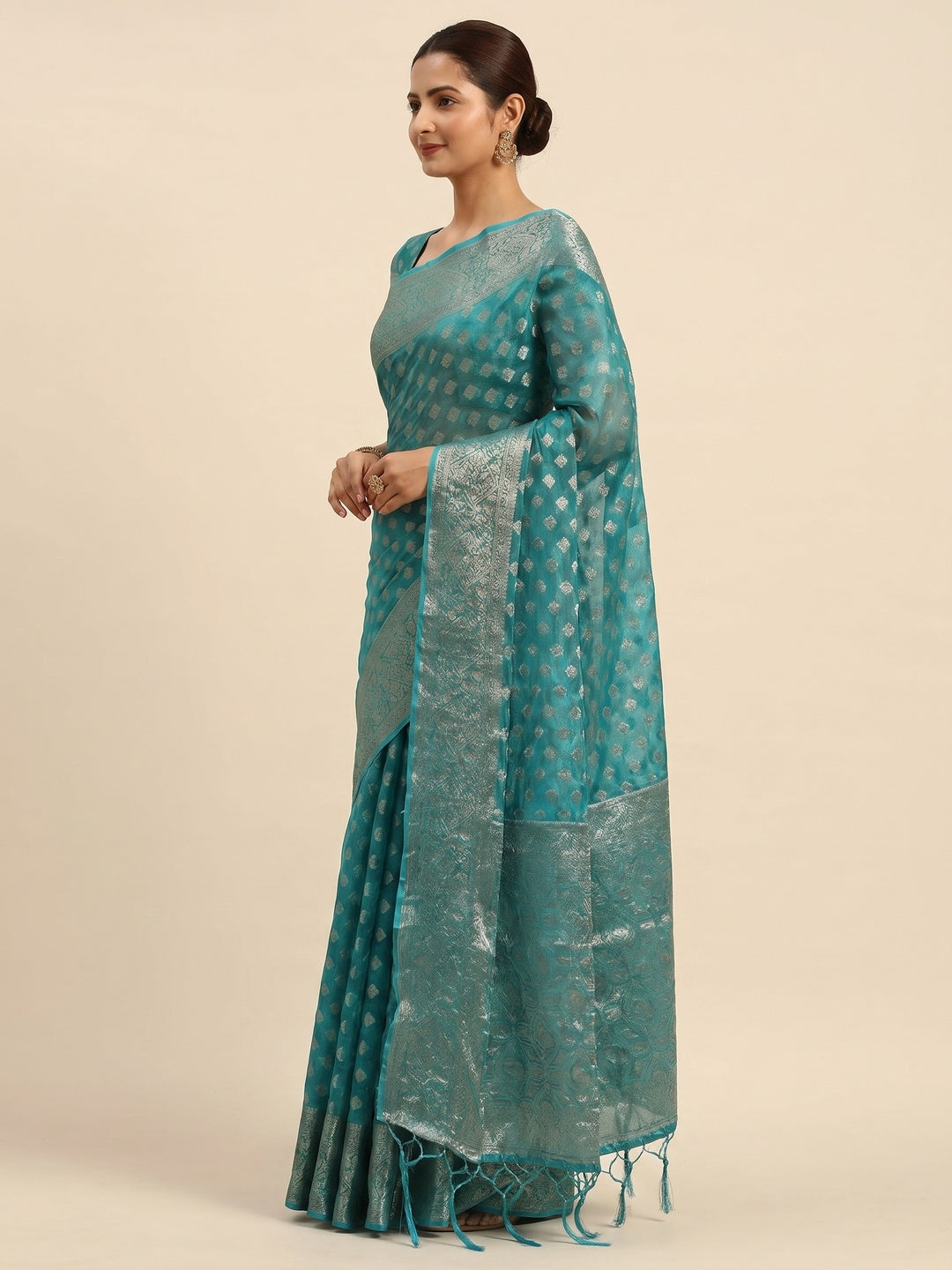 Turquoise Woven Organza Silk Saree With Tassels - Image 2