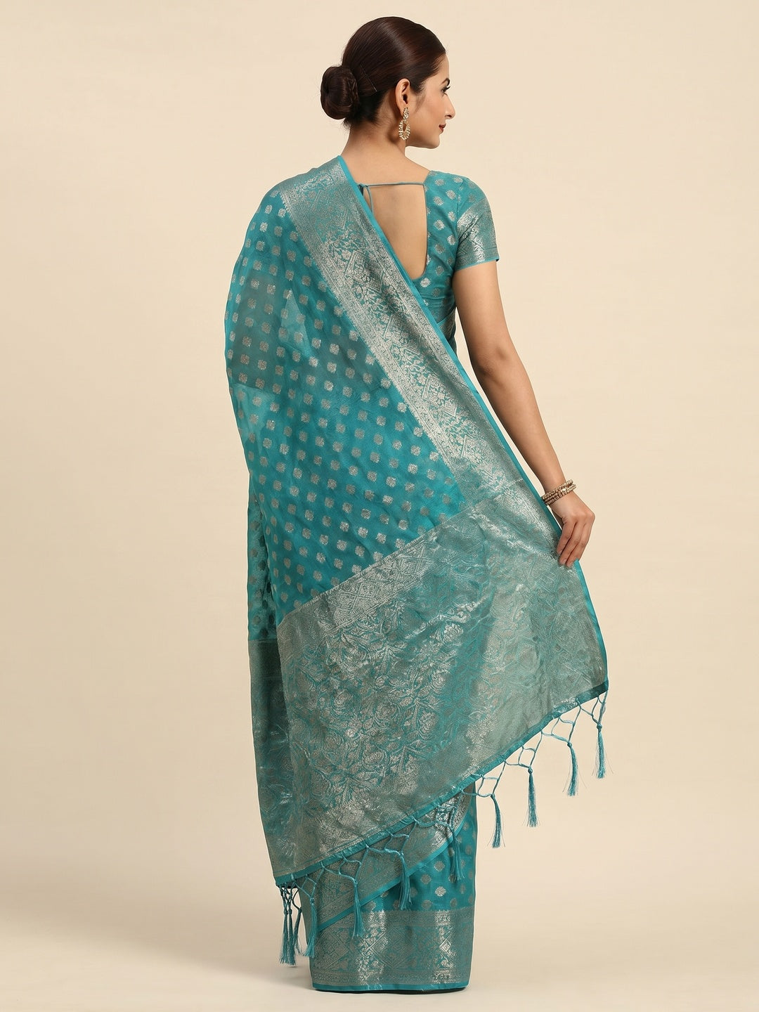 Turquoise Woven Organza Silk Saree With Tassels - Image 3