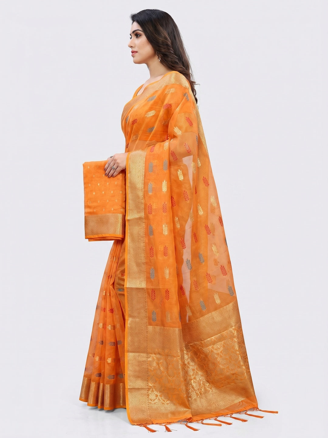 Orange Floral Woven Organza Saree - Image 2