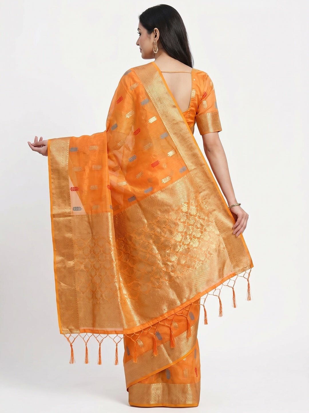 Orange Floral Woven Organza Saree - Image 3