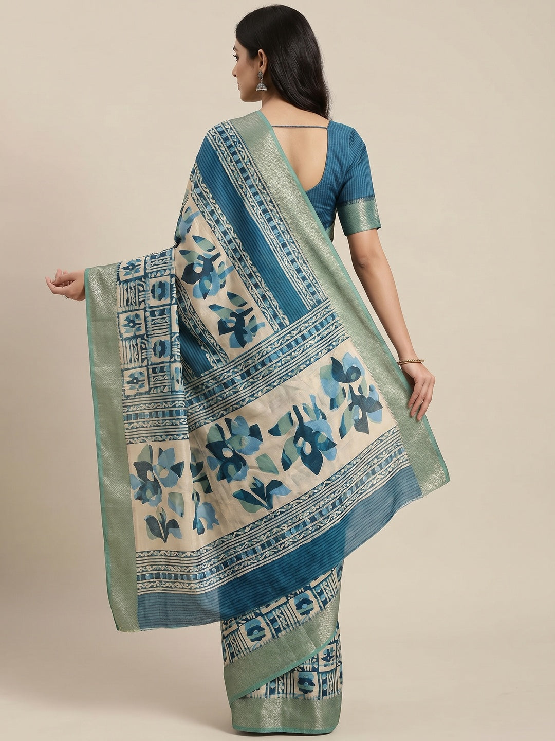 Blue Printed With Woven Border Dola Silk Saree - Image 2