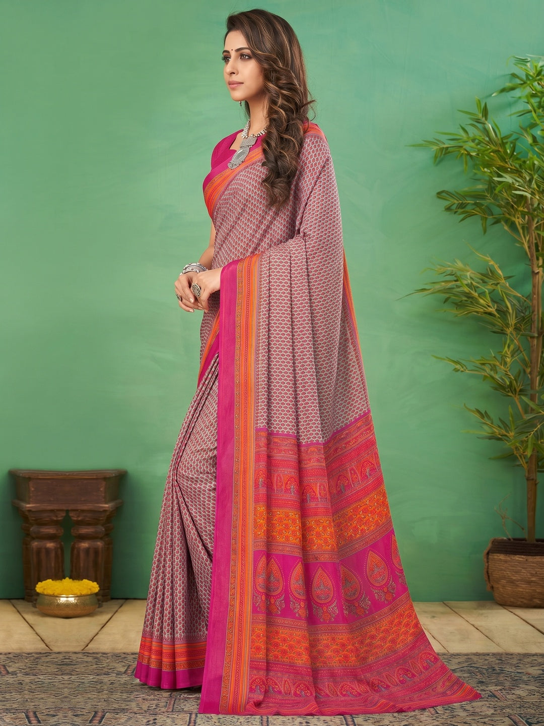 Pink Casual Wear Printed Silk Saree - Image 1