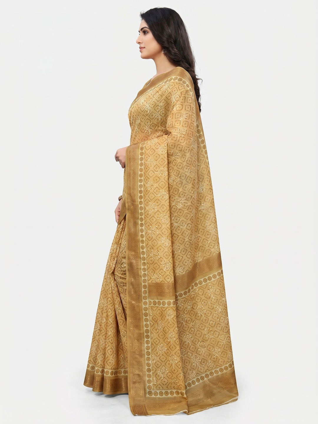 Chikoo Floral Digital Printed Pure Cotton Saree - Image 3