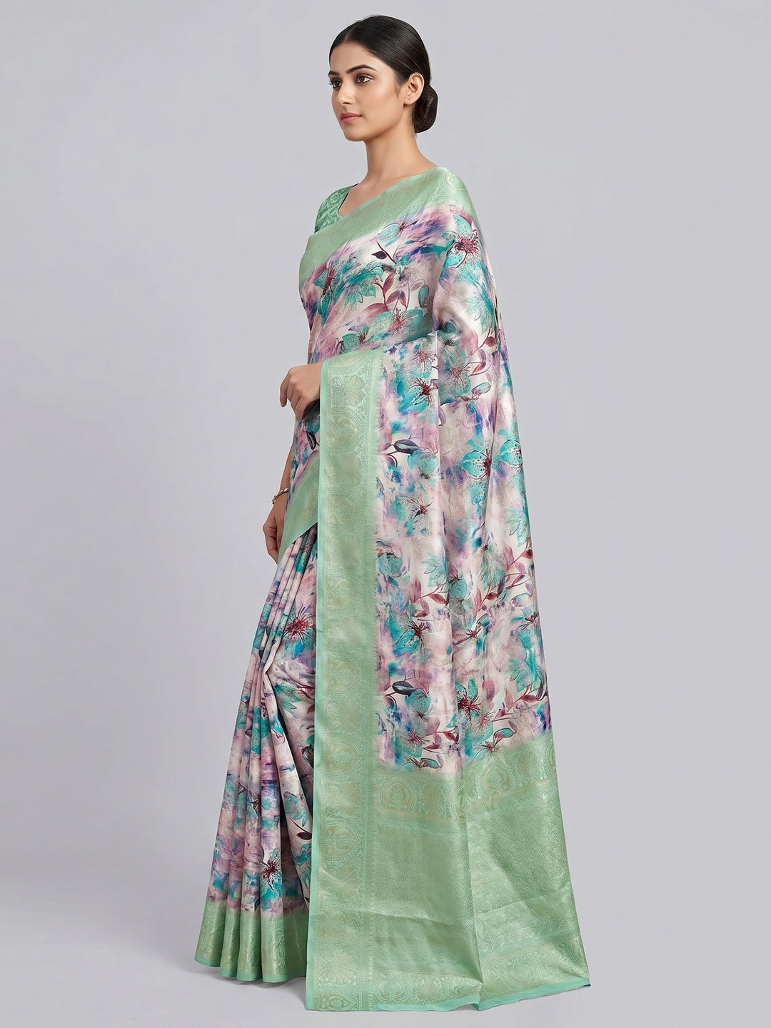 Pink & Blue Floral Digital Printed Jacquard Saree - Image 2