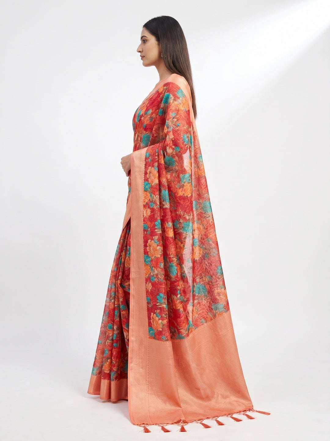 Multicolor Floral Digital Printed Jacquard Saree - Image 2