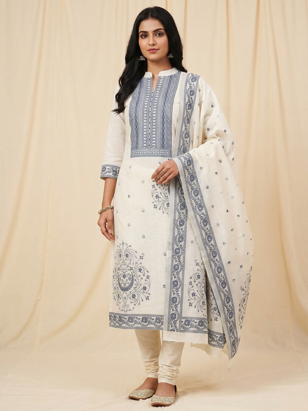 Cream & Blue Floral Woven Pure Cotton Dress Material - Image 1