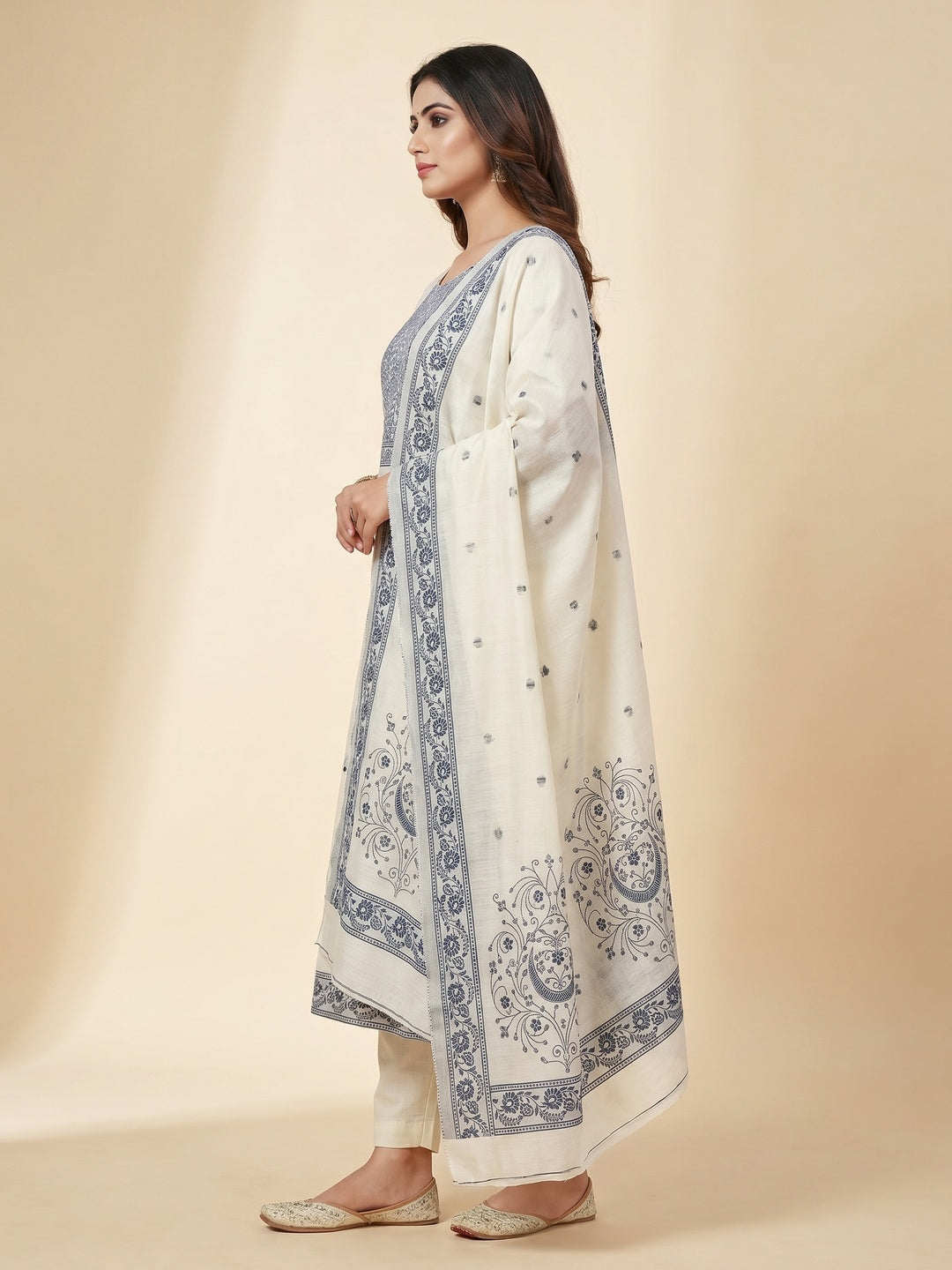 Cream & Blue Floral Woven Pure Cotton Dress Material - Image 2