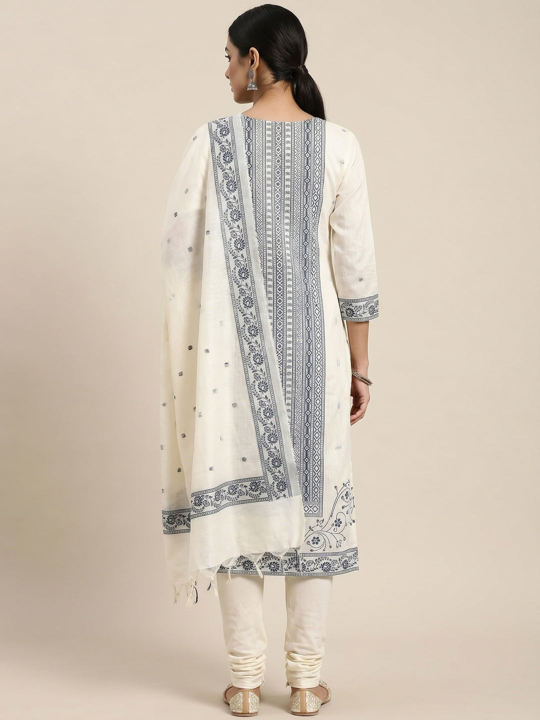 Cream & Blue Floral Woven Pure Cotton Dress Material - Image 3
