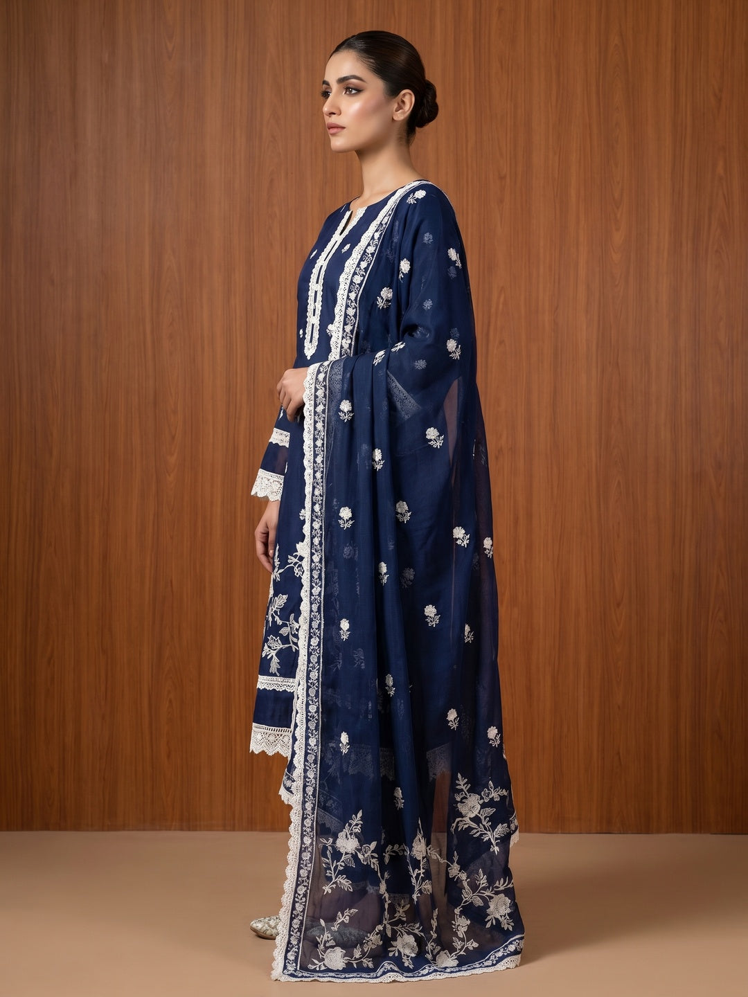 Navy Blue Floral Embroidered Chanderi Dress Material - Image 3