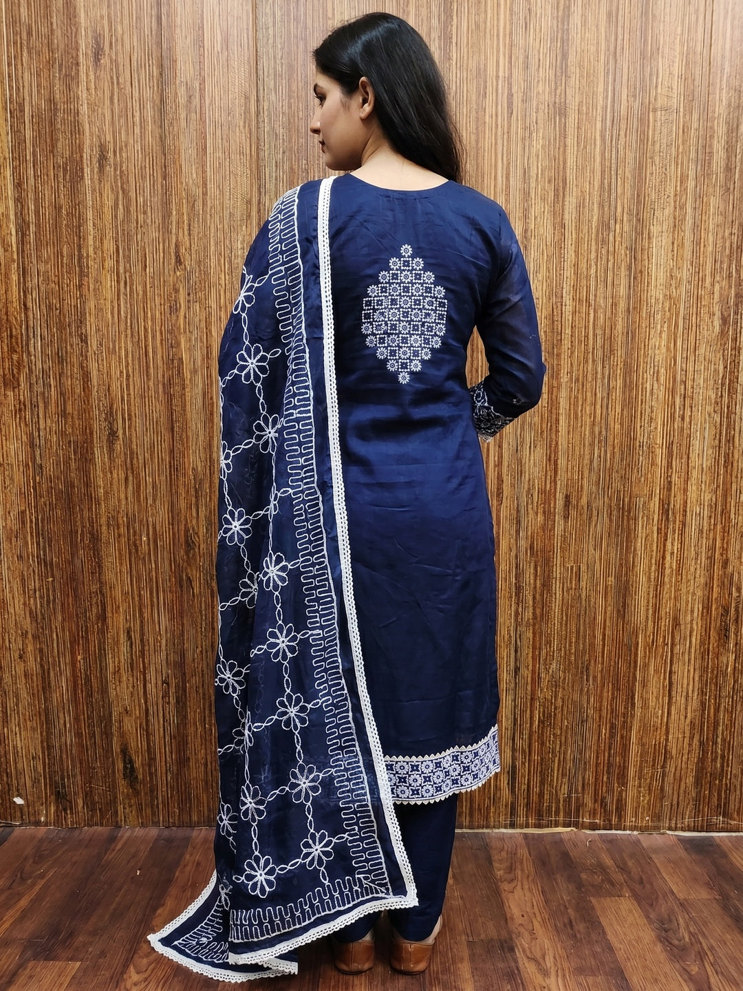 Navy Blue Floral Embroidered Chanderi Dress Material - Image 2