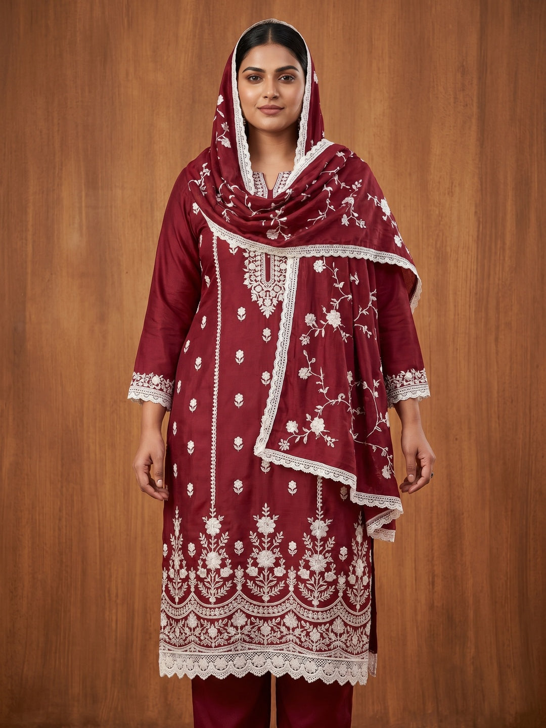Maroon Floral Embroidered Vichitra Silk Dress Material - Image 1