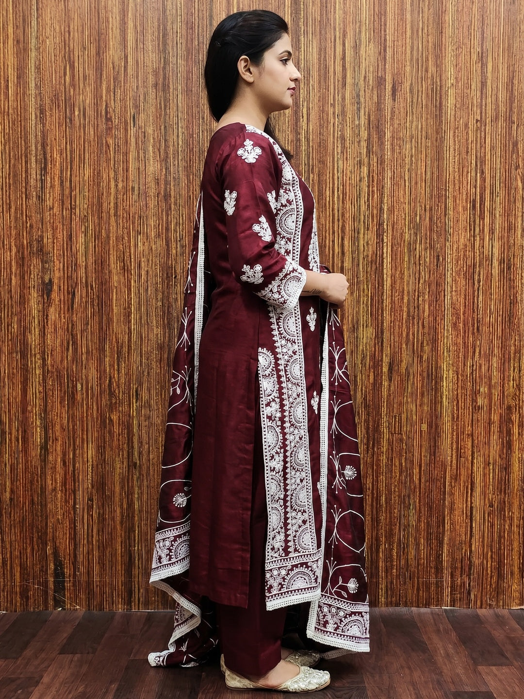 Maroon Floral Embroidered Vichitra Silk Dress Material - Image 3