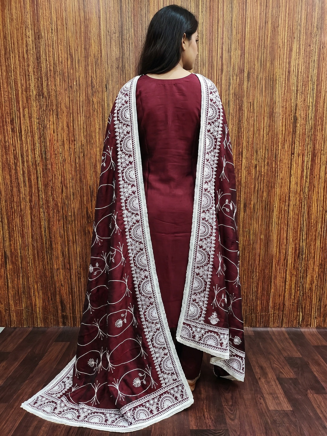 Maroon Floral Embroidered Vichitra Silk Dress Material - Image 2