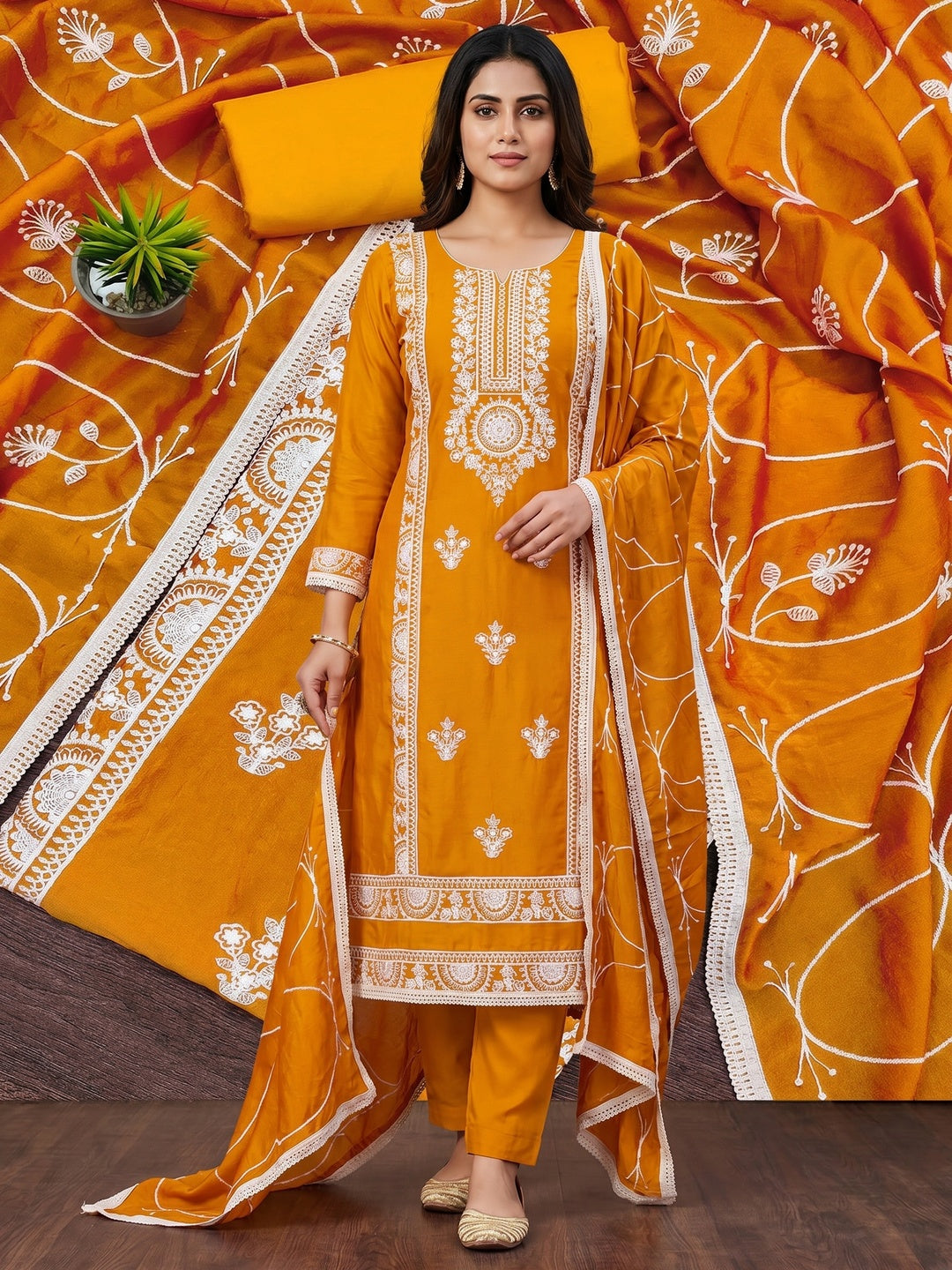 Mustard Floral Embroidered Vichitra Silk Dress Material - Image 1