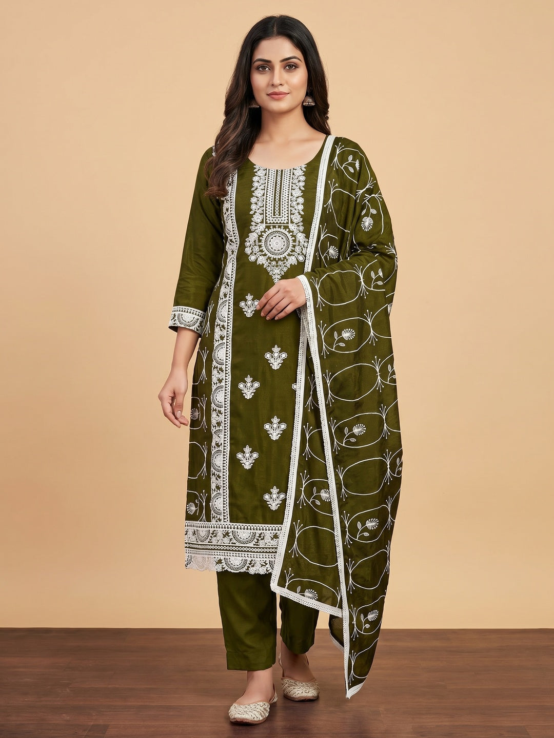 Mehendi Green Floral Embroidered Vichitra Silk Dress Material - Image 1