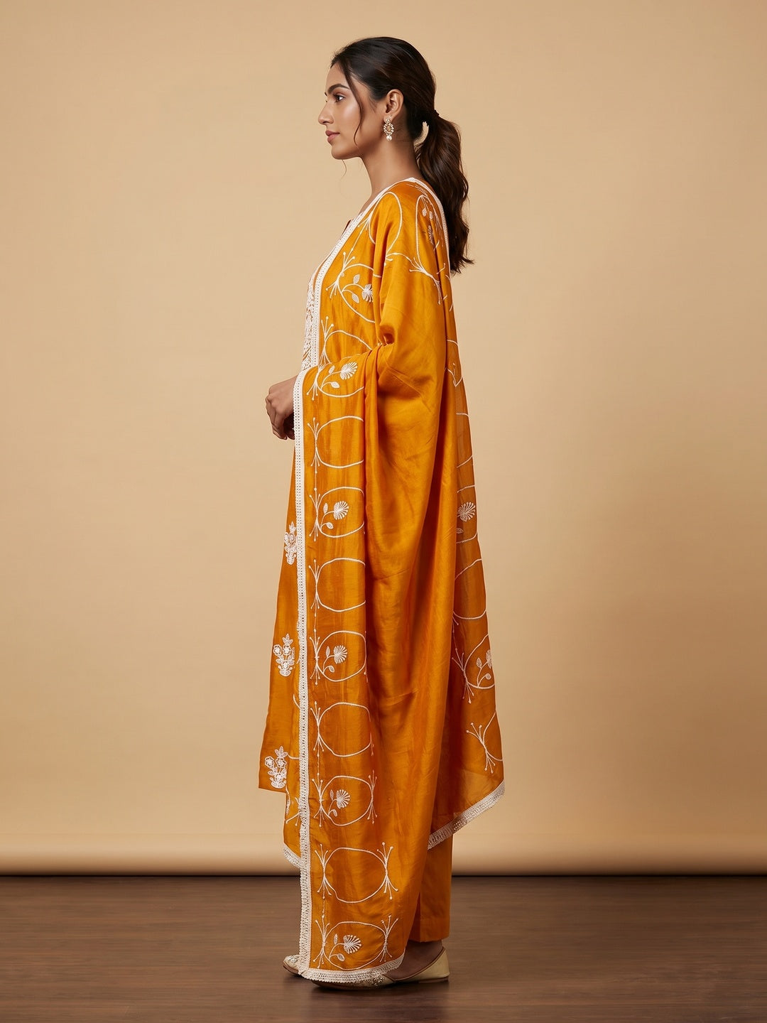 Mustard Floral Embroidered Vichitra Silk Dress Material - Image 3
