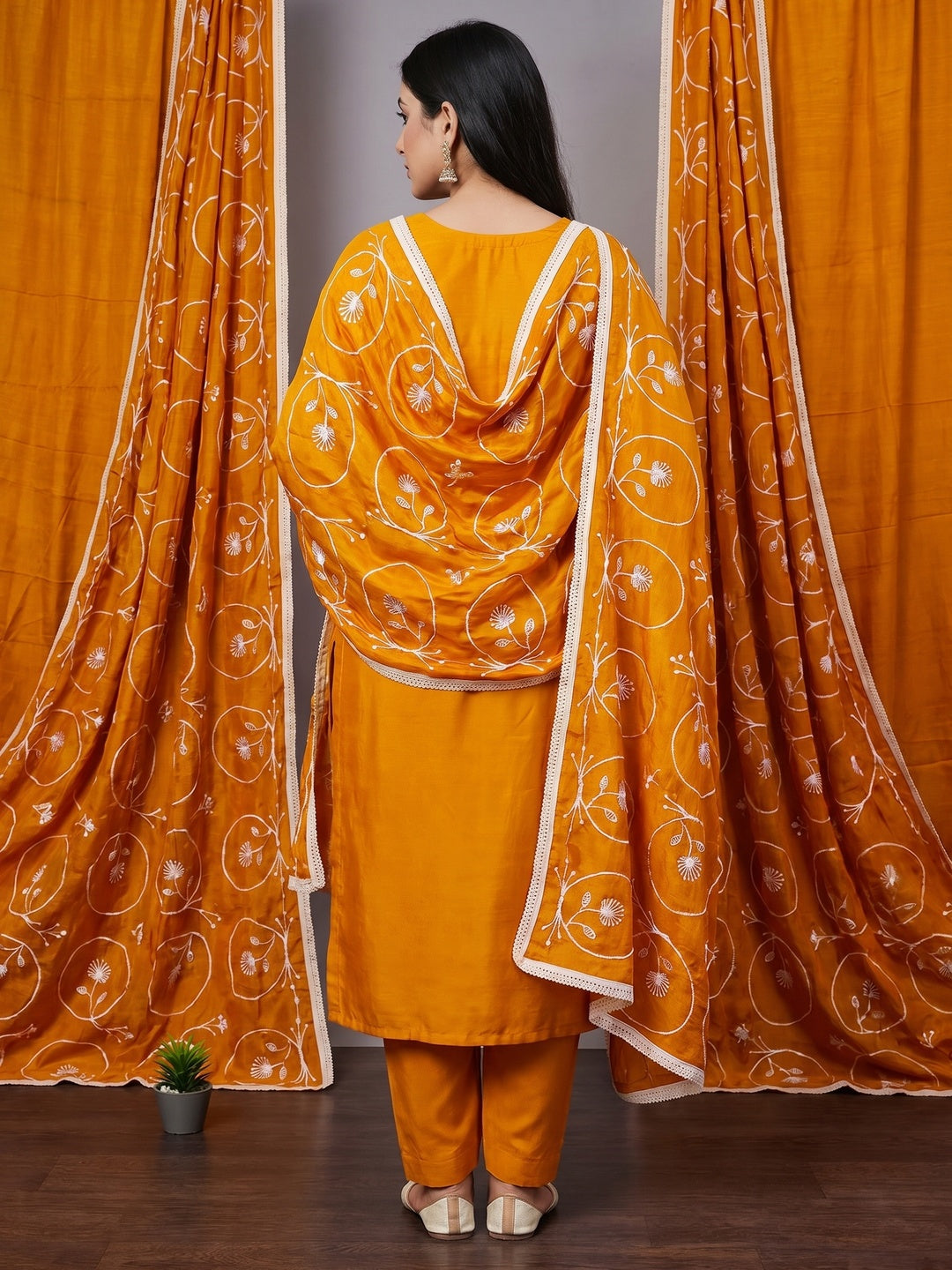 Mustard Floral Embroidered Vichitra Silk Dress Material - Image 2