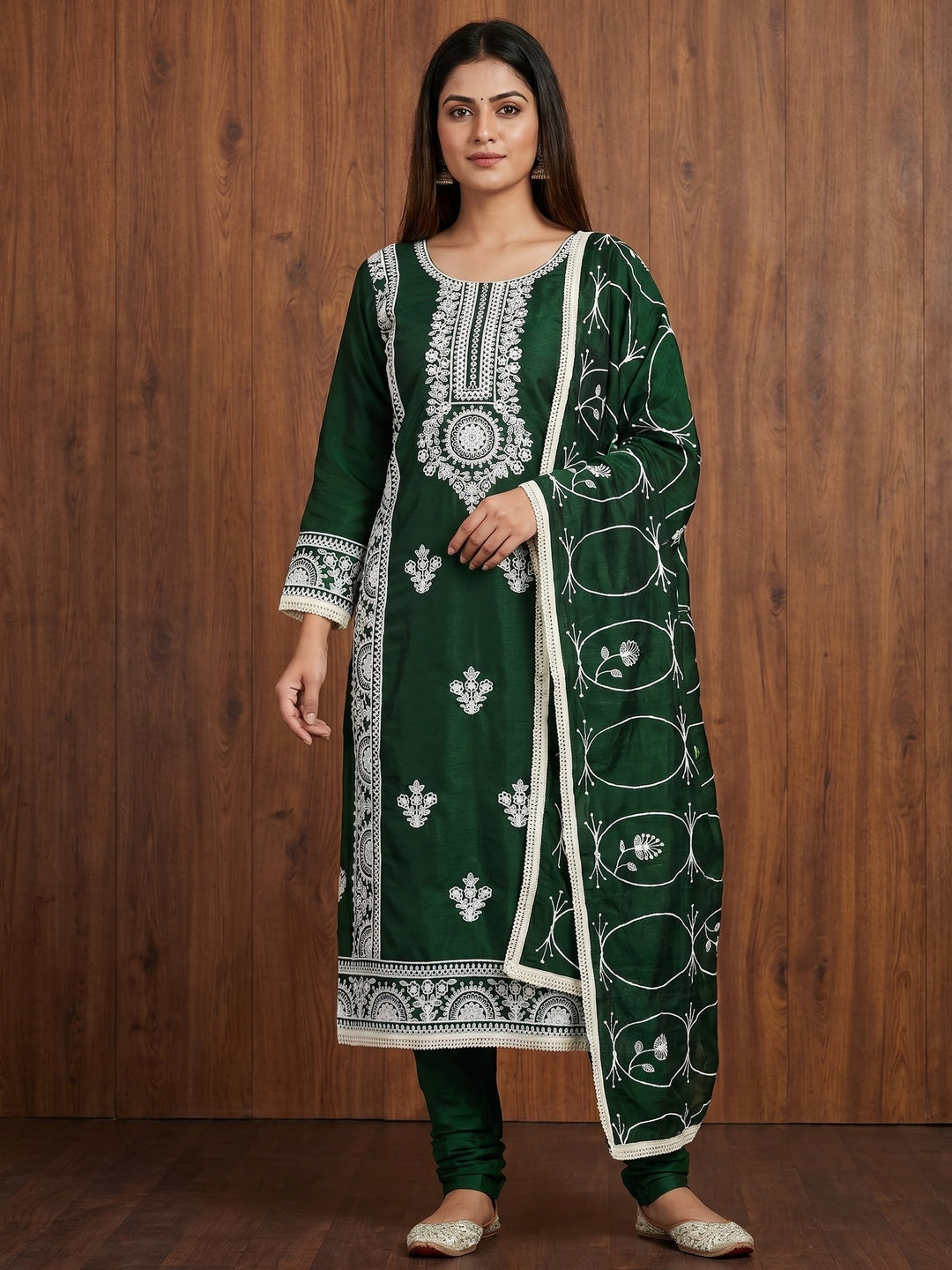 Green Floral Embroidered Vichitra Silk Dress Material - Image 1