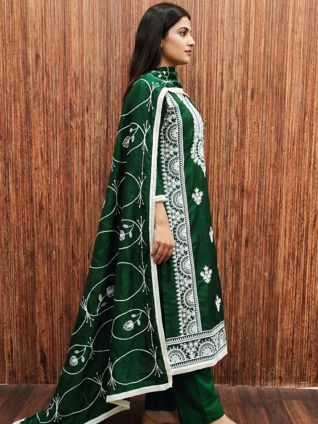 Green Floral Embroidered Vichitra Silk Dress Material - Image 2