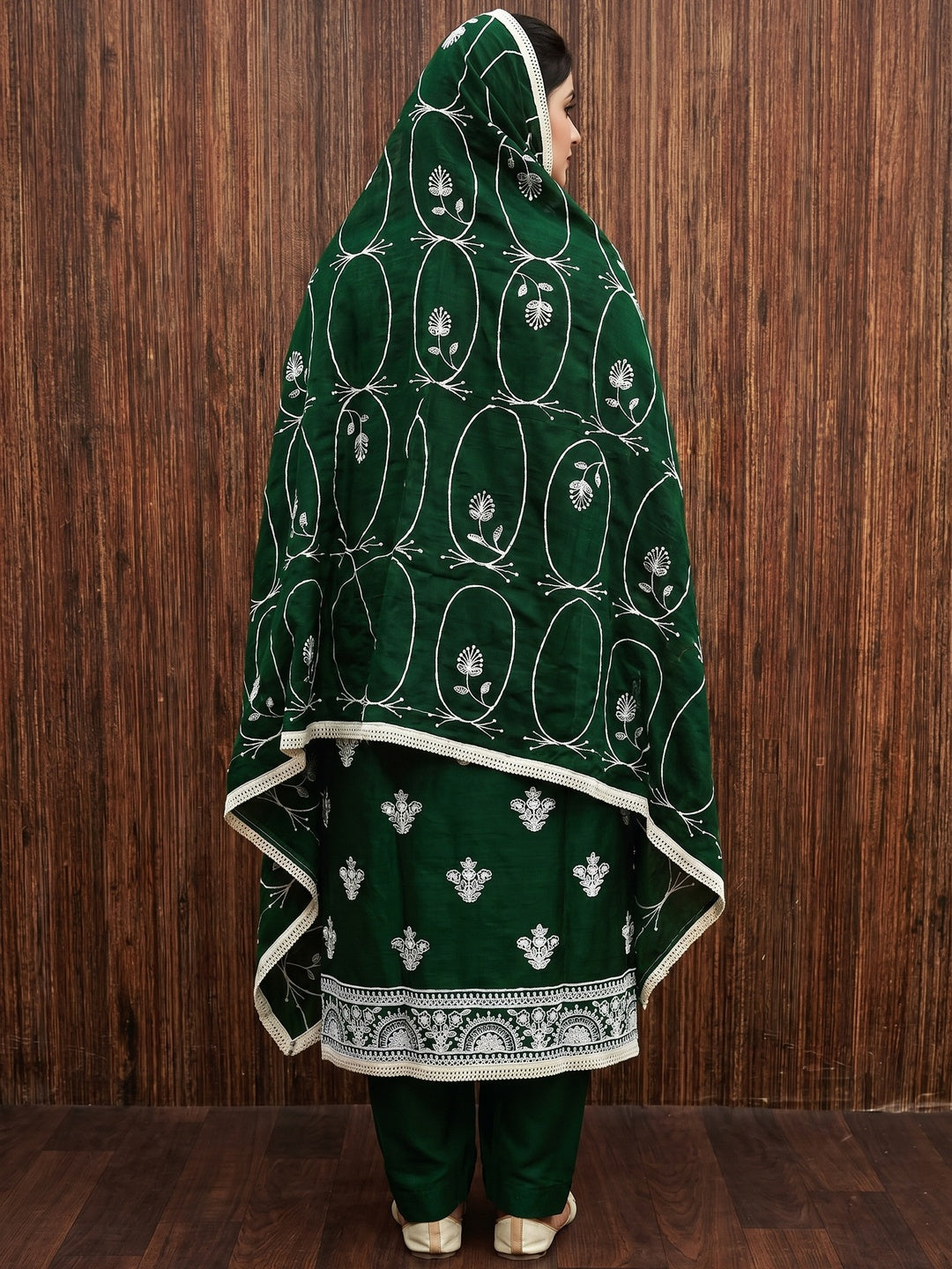 Green Floral Embroidered Vichitra Silk Dress Material - Image 3