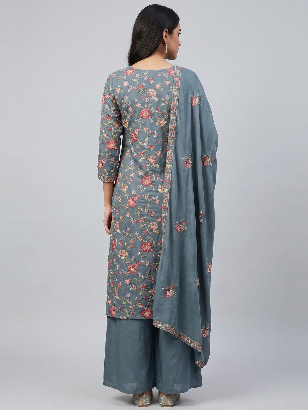 Greyish Blue Floral Embroidered Rayon Palazzo Suit - Image 3