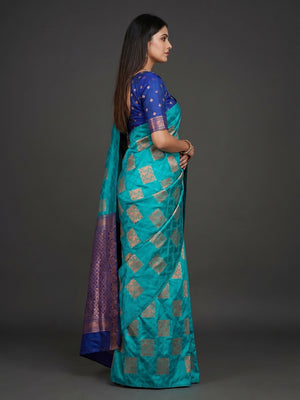 Turquoise Floral Woven Banarasi Silk Saree - Image 2