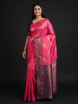 Pink Floral Woven Banarasi Silk Saree - Image 1