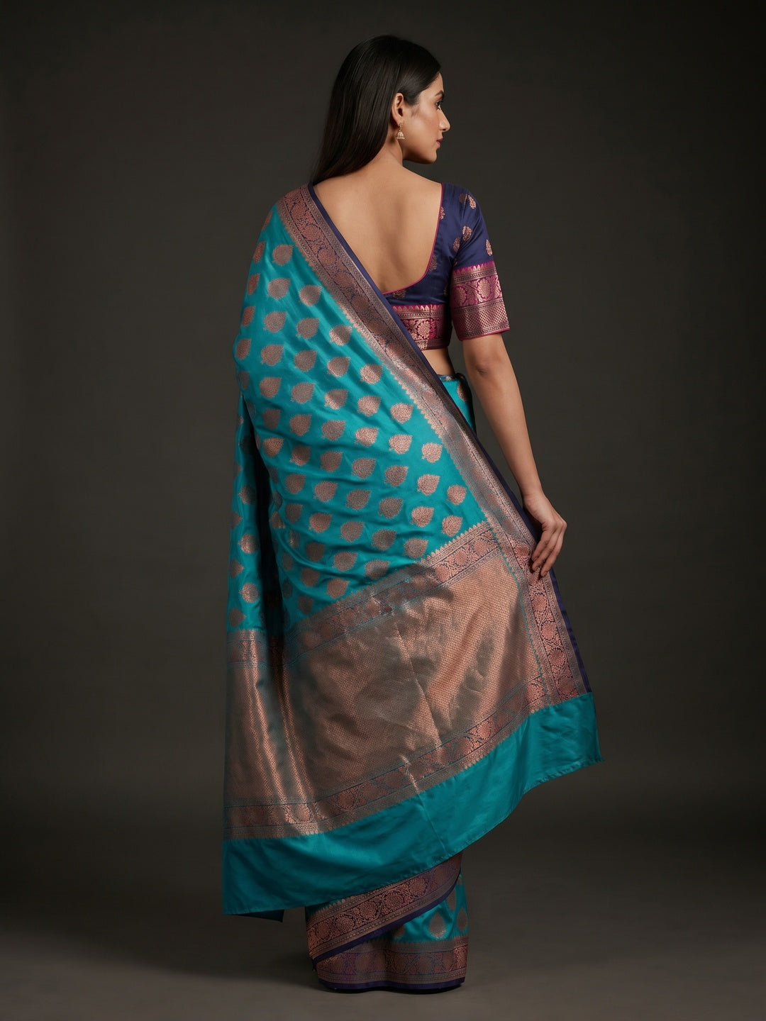 Turquoise Woven Banarasi Silk Saree - Image 2