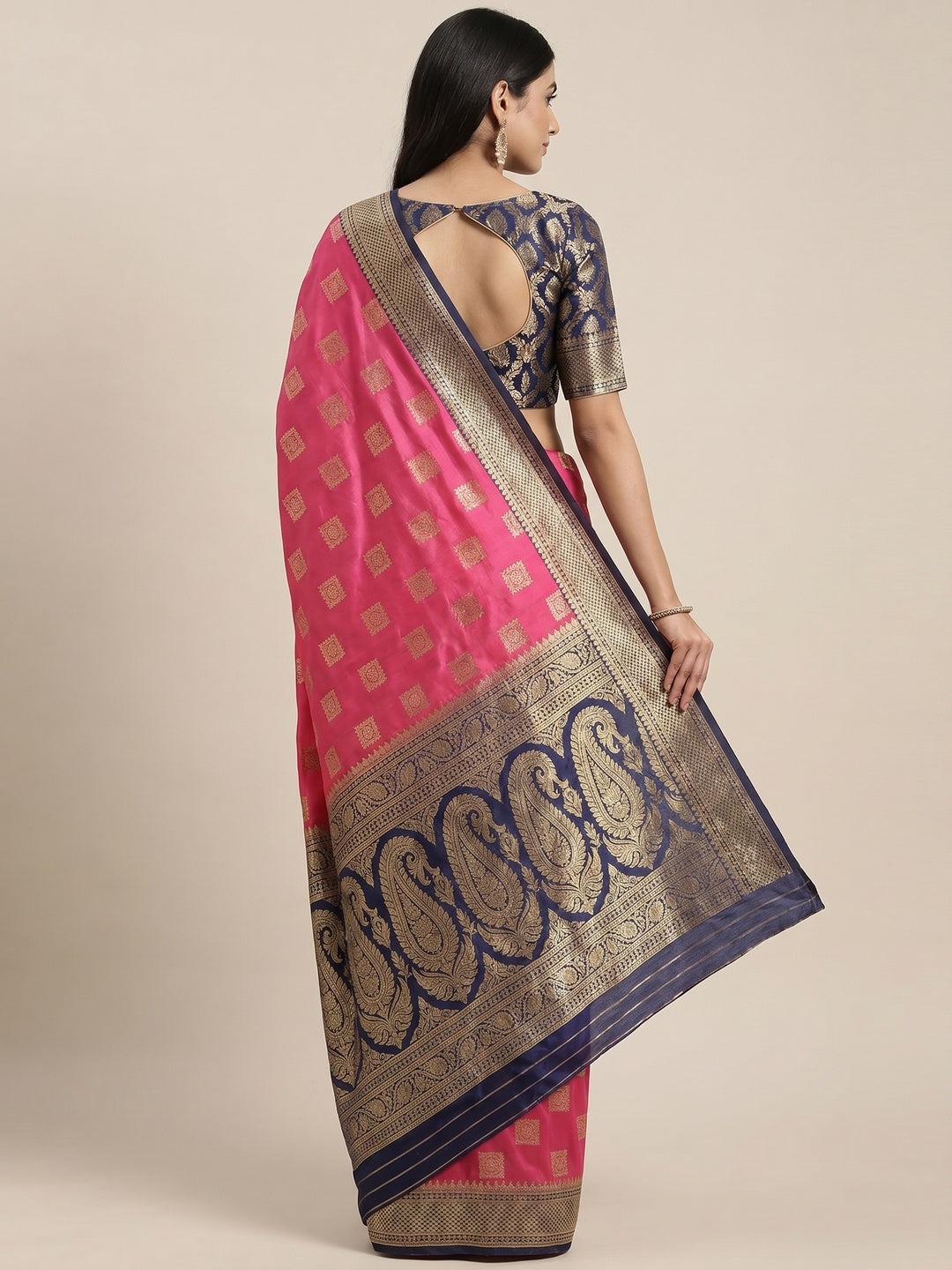 Pink Floral Woven Banarasi Silk Saree - Image 3
