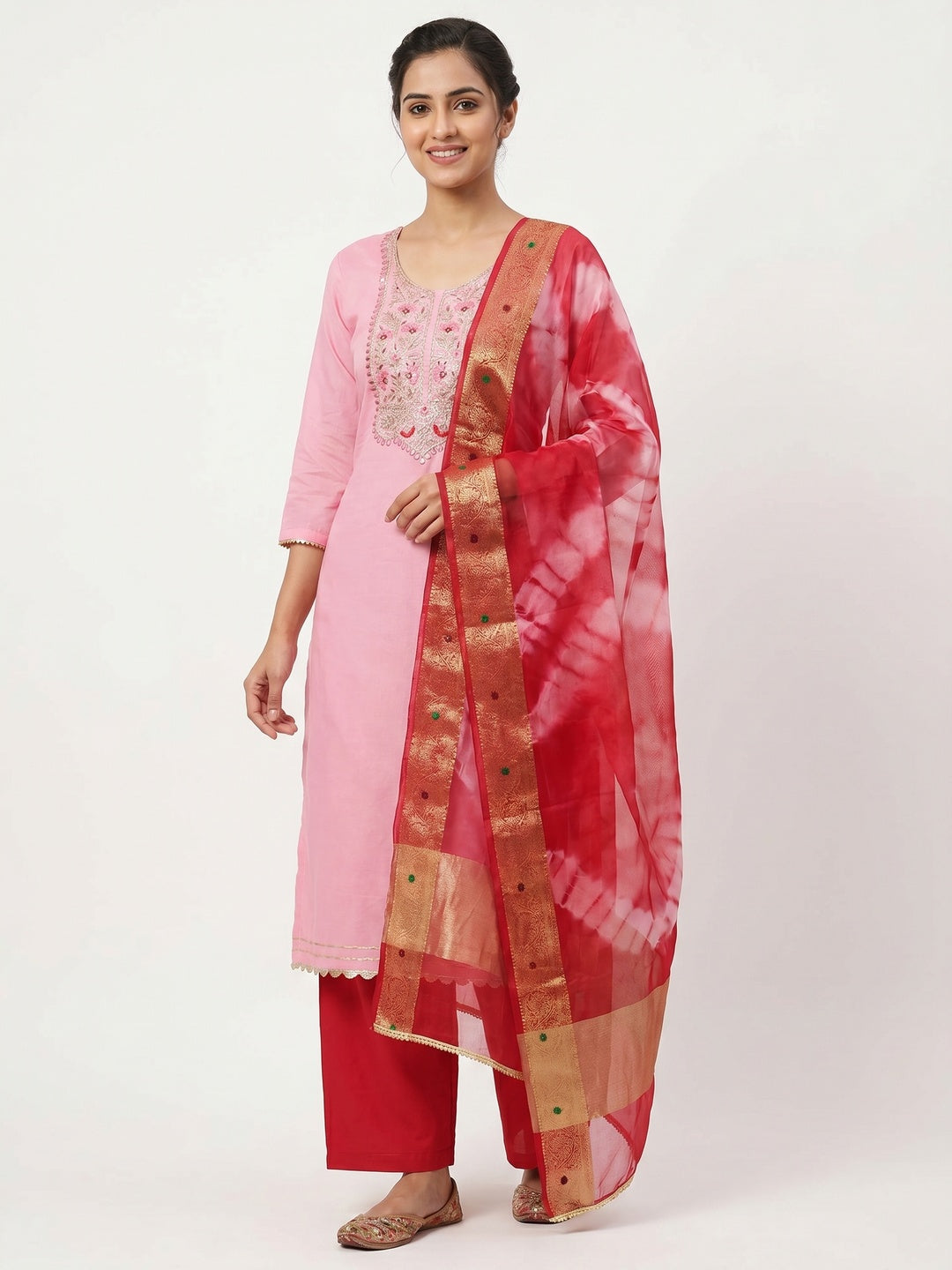 Pink Floral Embroidered Pure Cotton Dress Material - Image 1