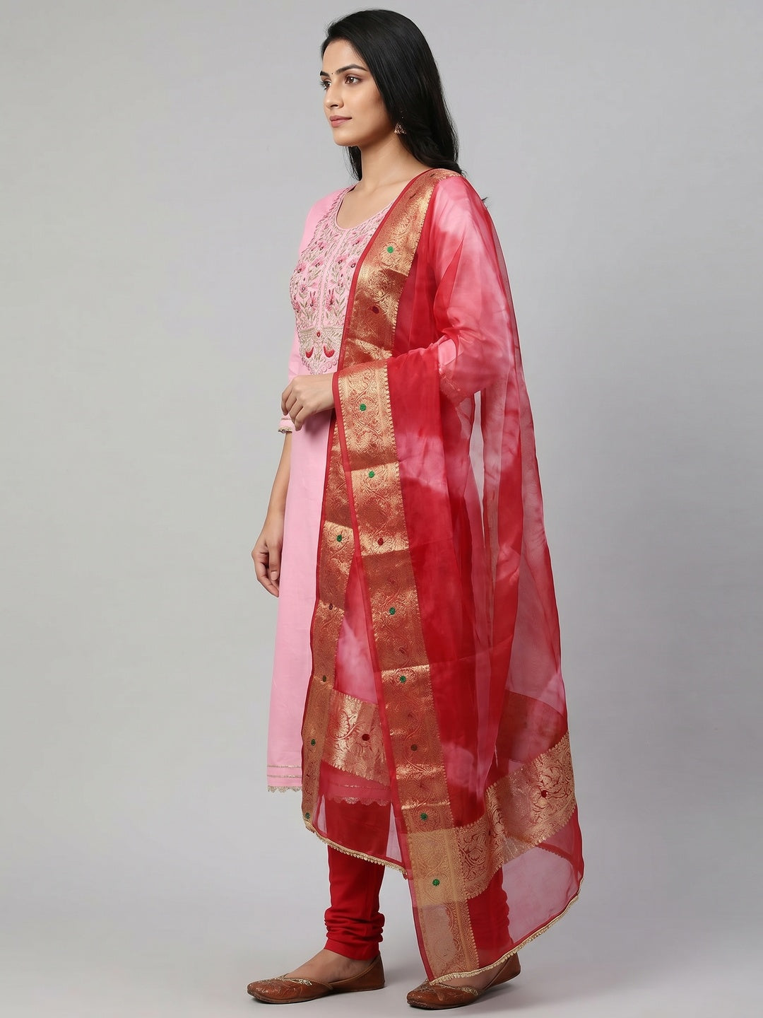 Pink Floral Embroidered Pure Cotton Dress Material - Image 2