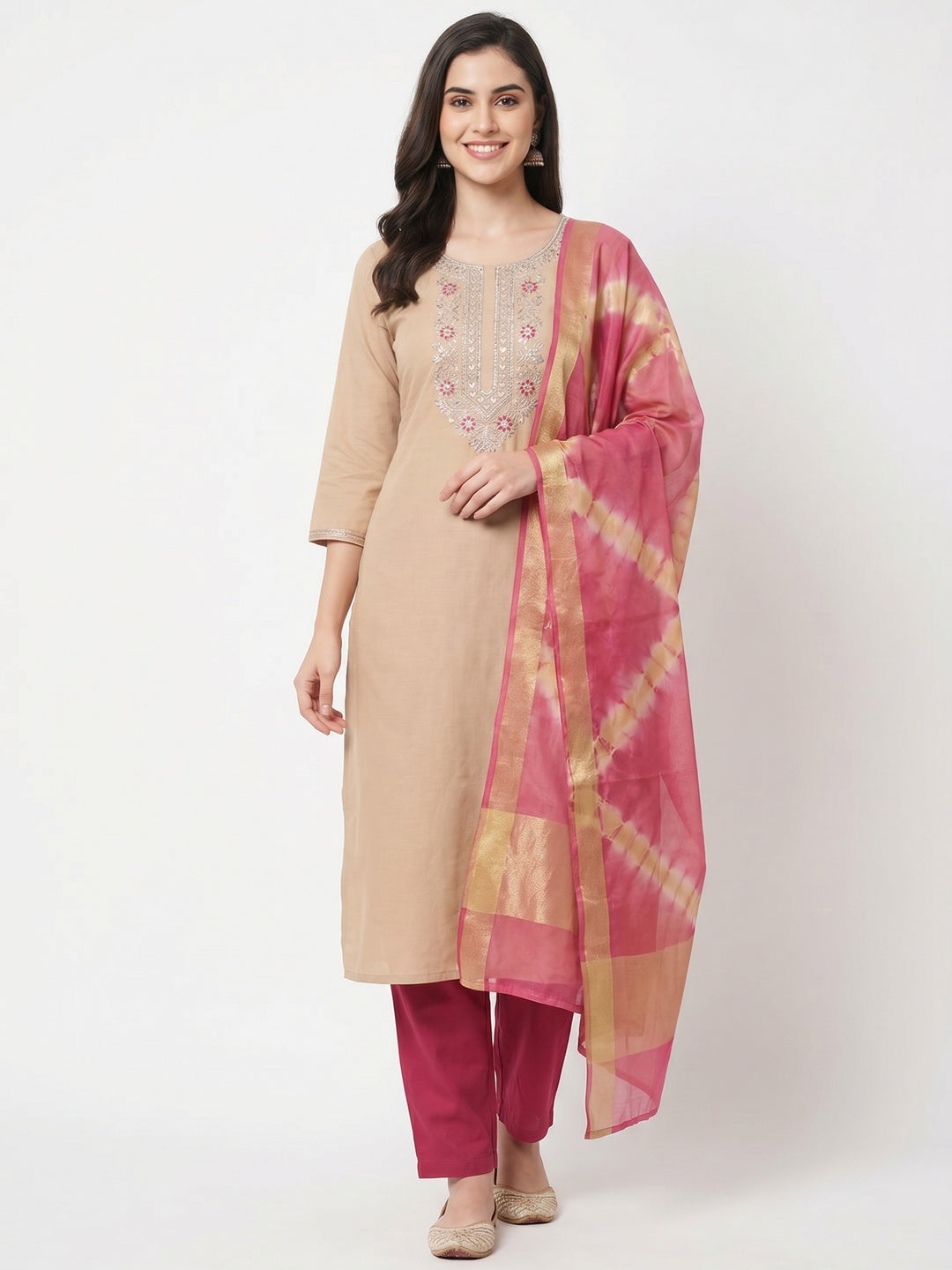 Chikoo Floral Embroidered Pure Cotton Dress Material - Image 1